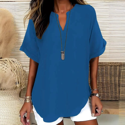 Comstylish Solid Color V-neck Short Sleeve Linen Blend Blouses