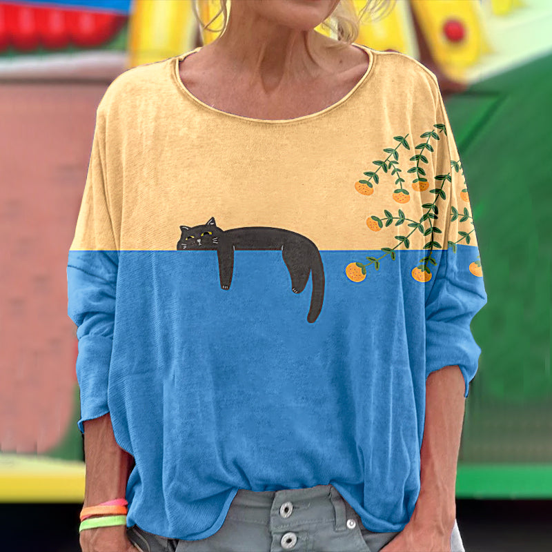 Abstract Creative Lazy Black Cat Painting Art Pattern Long Sleeve T-shirt elevenforest