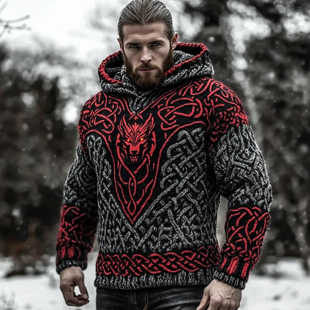 Vintage Viking Wolf Chunky Knit Jacquard Men's Hooded Sweater elevenforest
