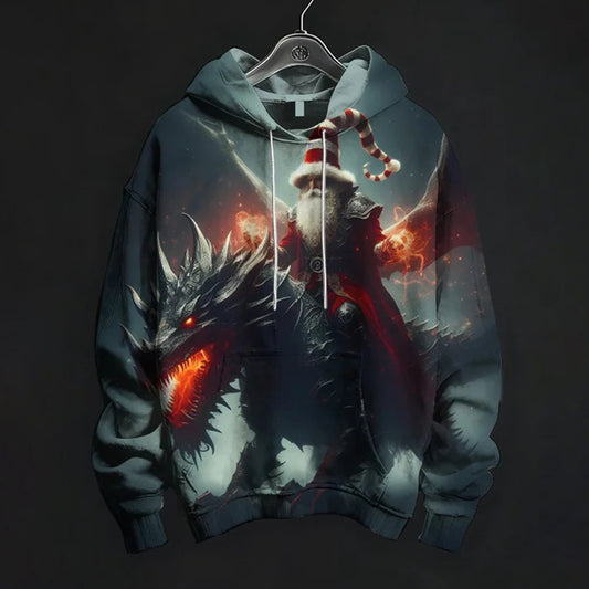 Comstylish Men's Santa Claus Riding Fire-breathing Dragon Print Casual Hoodie