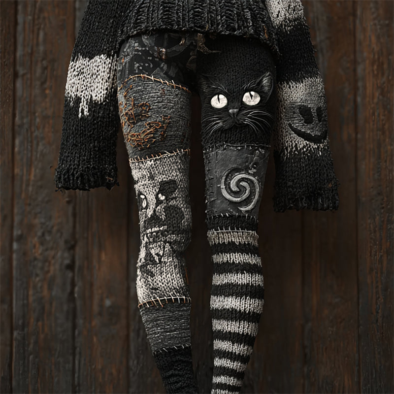 Comstylish Halloween Black Cat Witch Patchwork Cozy Knit Leggings