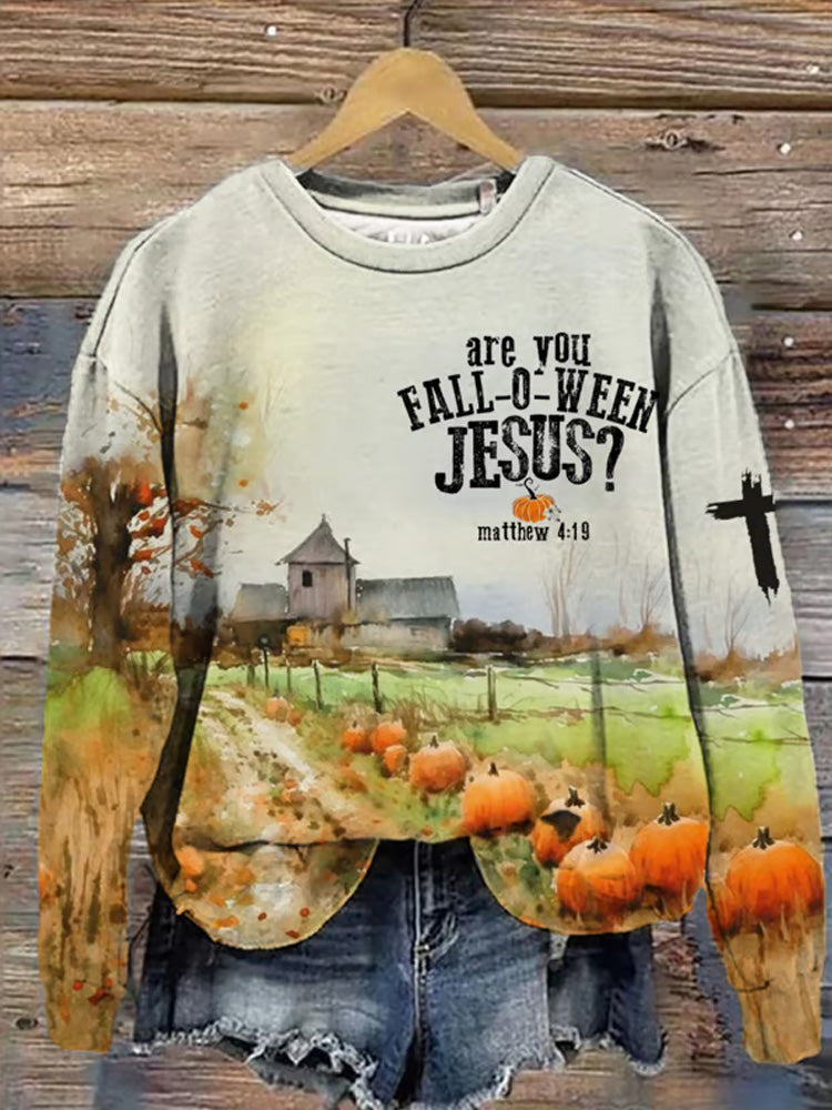 Women's Are You Fall-o-ween Jesus Matthew 4:19 Print Crew Neck Sweatshirt artswardrobe
