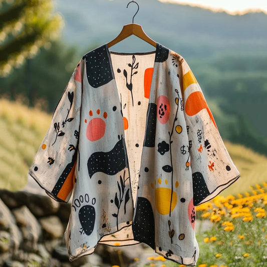 Summer Farm Cat Peekaboo Natural Patchwork Linen Kimono artswardrobe
