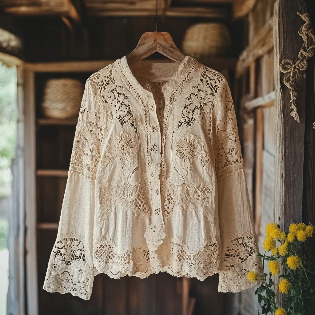 Comstylish Women's Retro Floral Lace Embroidery Art V-neck Shirt