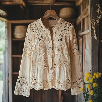 Comstylish Women's Retro Floral Lace Embroidery Art V-neck Shirt