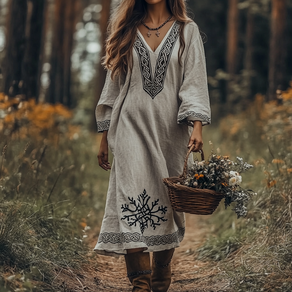 Vintage Viking Celtic Knot Cotton Linen Mixi Dress artswardrobe