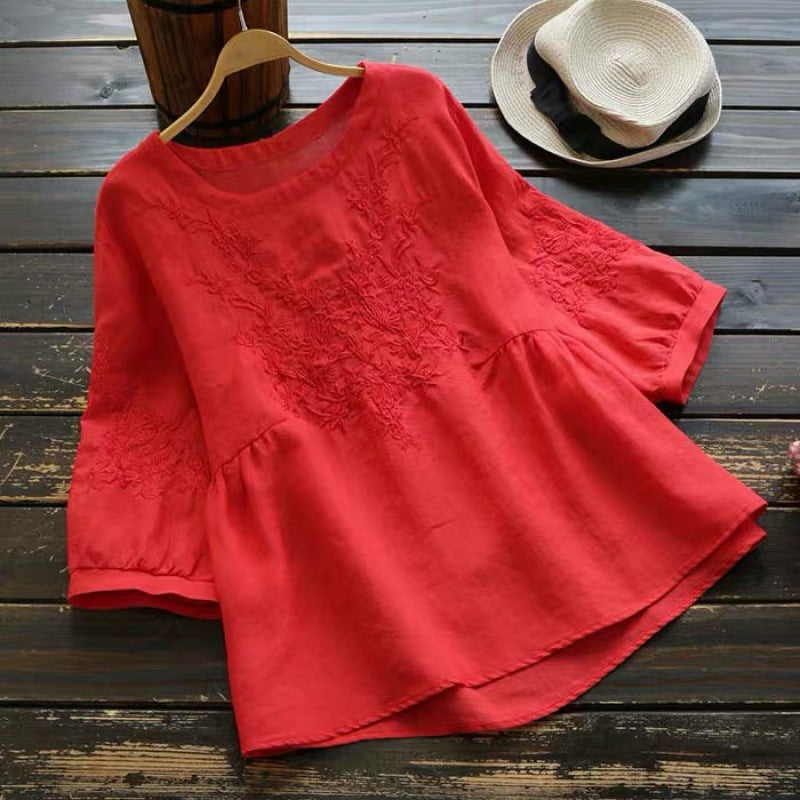 Comstylish Vintage Floral Lace Cotton Linen Casual Shirt