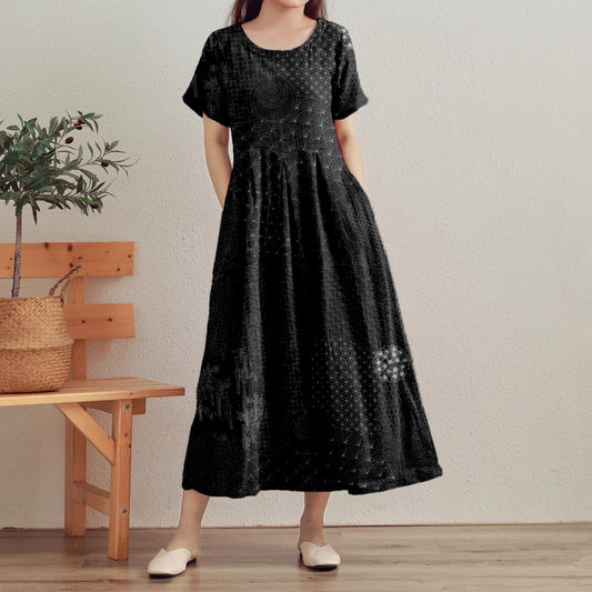 Vintage Japanese Traditional Sashiko Art Linen Maxi Dress artswardrobe