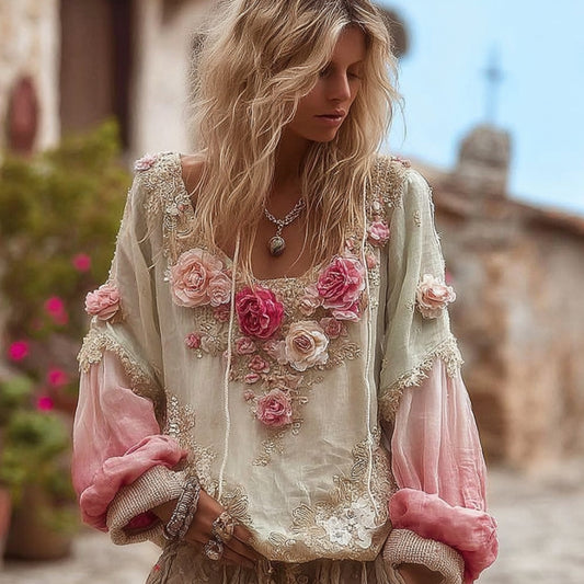 Comstylish Bohemian Style Gradient Flower Patchwork Vintage Long-sleeved Shirt