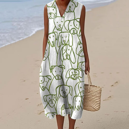 Women's Retro Line Dog Art V-neck Dress artswardrobe