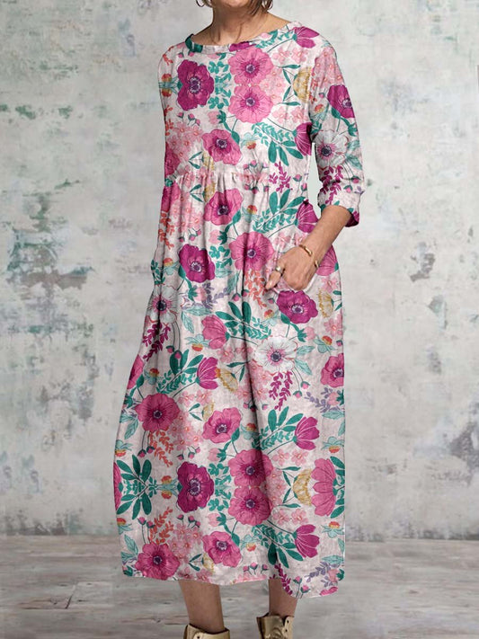Women's Classic Floral Pattern Round Neck Cotton and Linen Top with Pockets