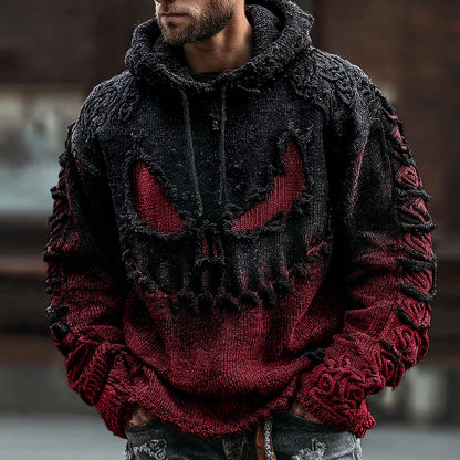 Men's Halloween Spooky Face Gradient Inspired Knitted Distressed Hooded Sweater elevenforest