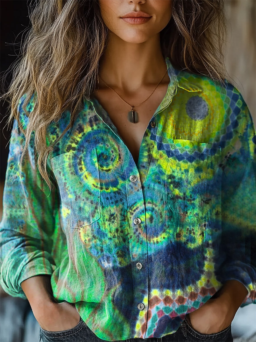 Women's Retro Tie Dye Print Casual Long Sleeve Comfortable Cotton Shir