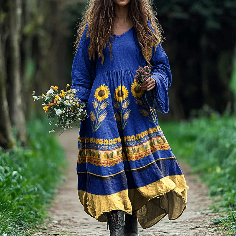 Boho Vintage Ukrainian Sunflower Art Inspired Linen Blend Maxi Dress artswardrobe