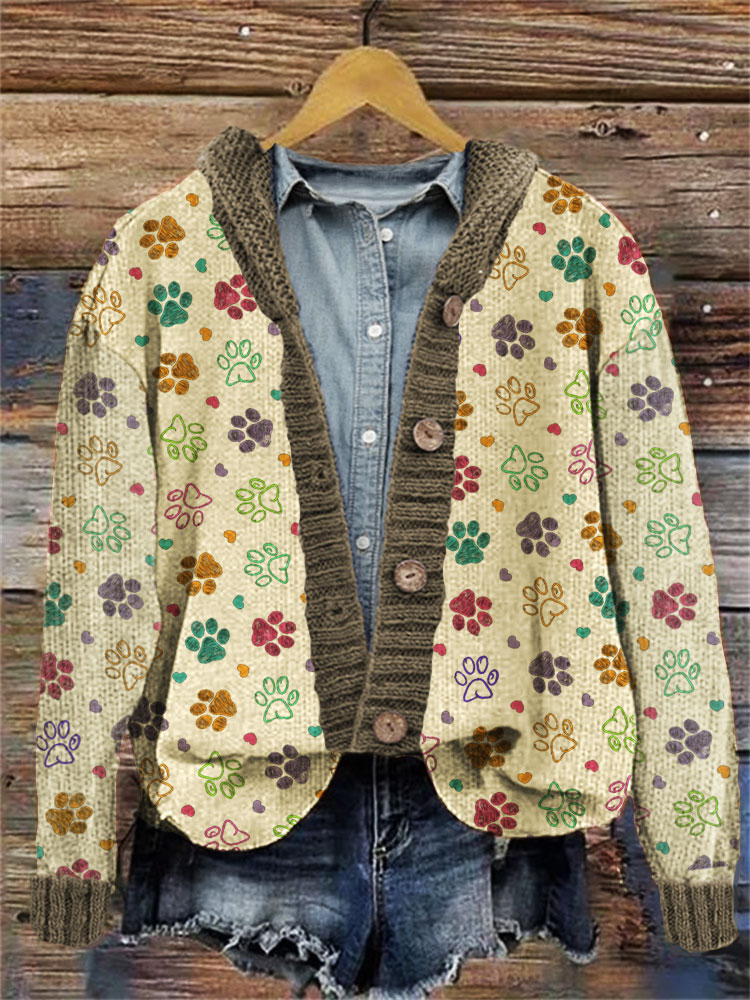 Comstylish Colorful Dog Paw Pattern Cozy Cardigan Sweater