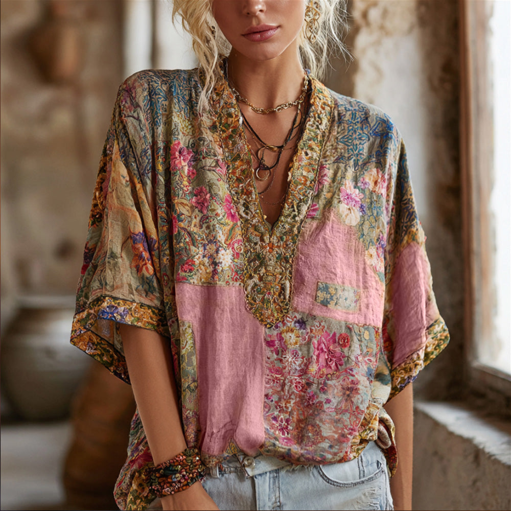 Three-dimensional Embroidery Rare Item Flower Vintage Tie-dye V-neck Short-sleeved Shirt artswardrobe