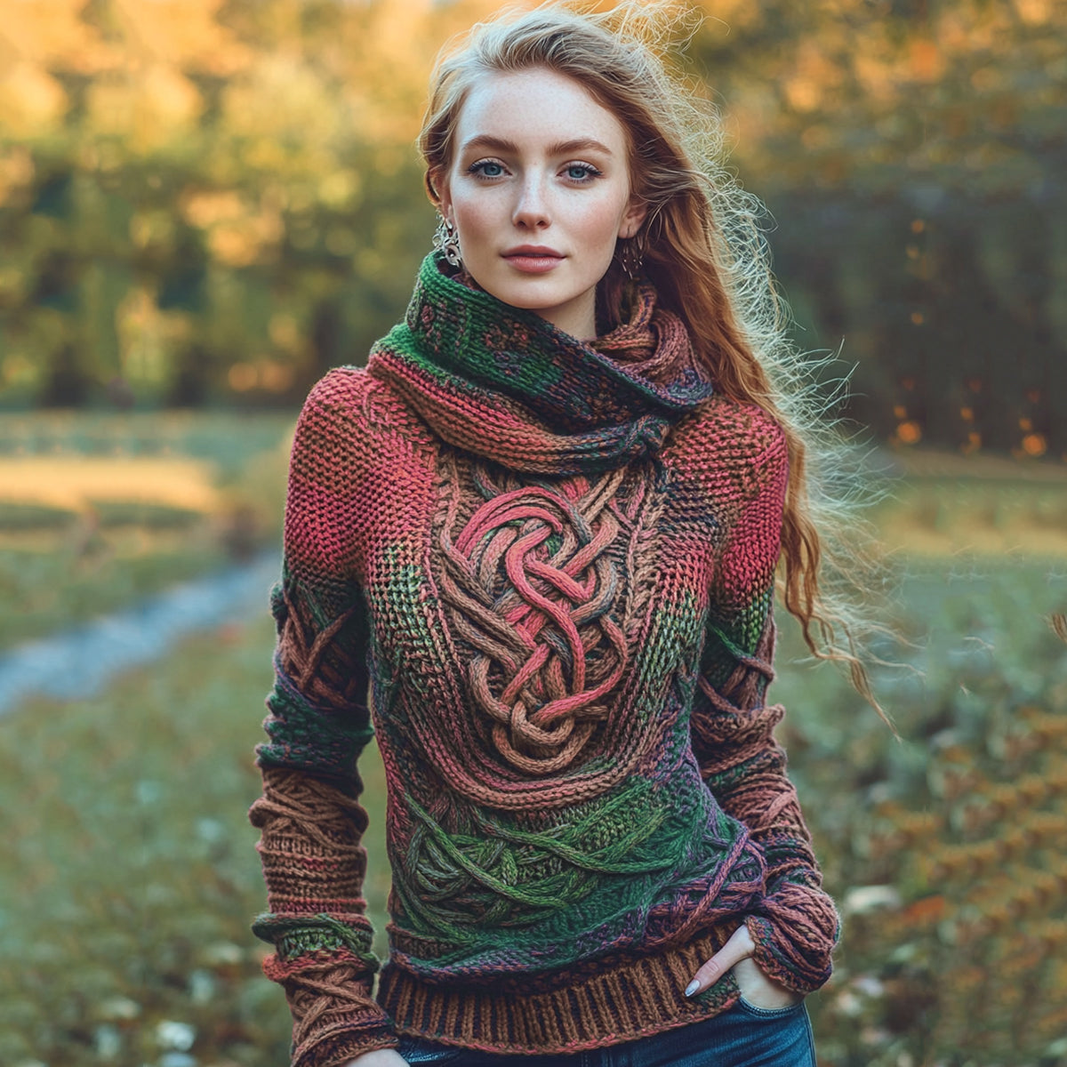 Women's Irish Rainbow Pattern Jacquard Pocket Cozy Hooded Sweater elevenforest