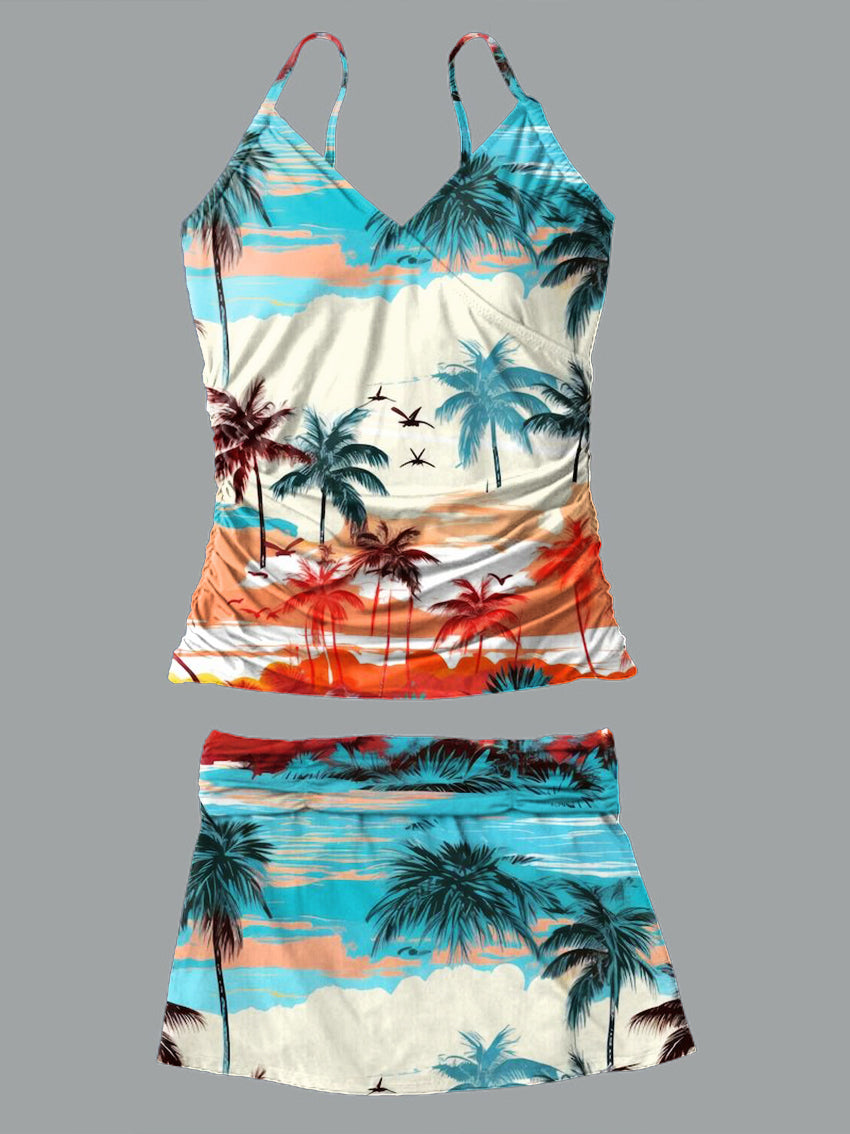 V-Neck Vintage Flowers Print Suspender Skirt Tankini Pantskirt Set Swimsuit