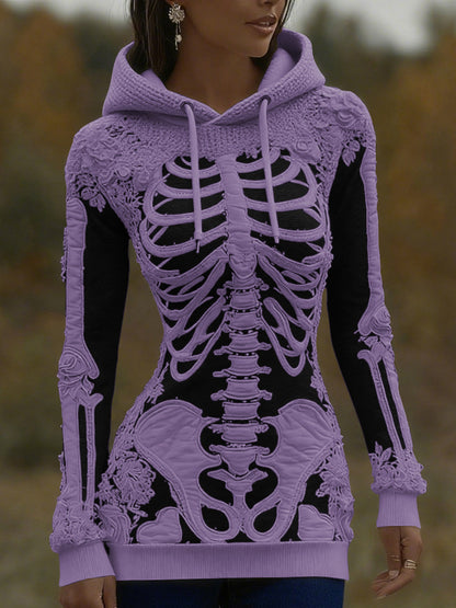 Women's Halloween Skeleton Bones With Roses Art Knitted Warm Hooded Sweater artswardrobe