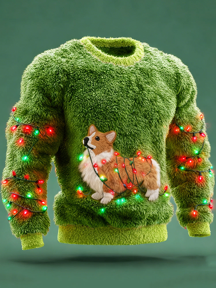 Comstylish Men's Corgi Dog With Christmas Lights Cozy Plush Sweatshirt