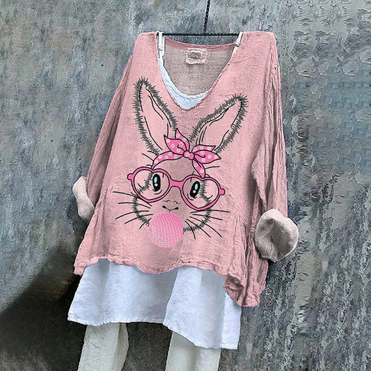 Women's Cute Bunny Embroidery Pattern Linen Blend Shirt artswardrobe