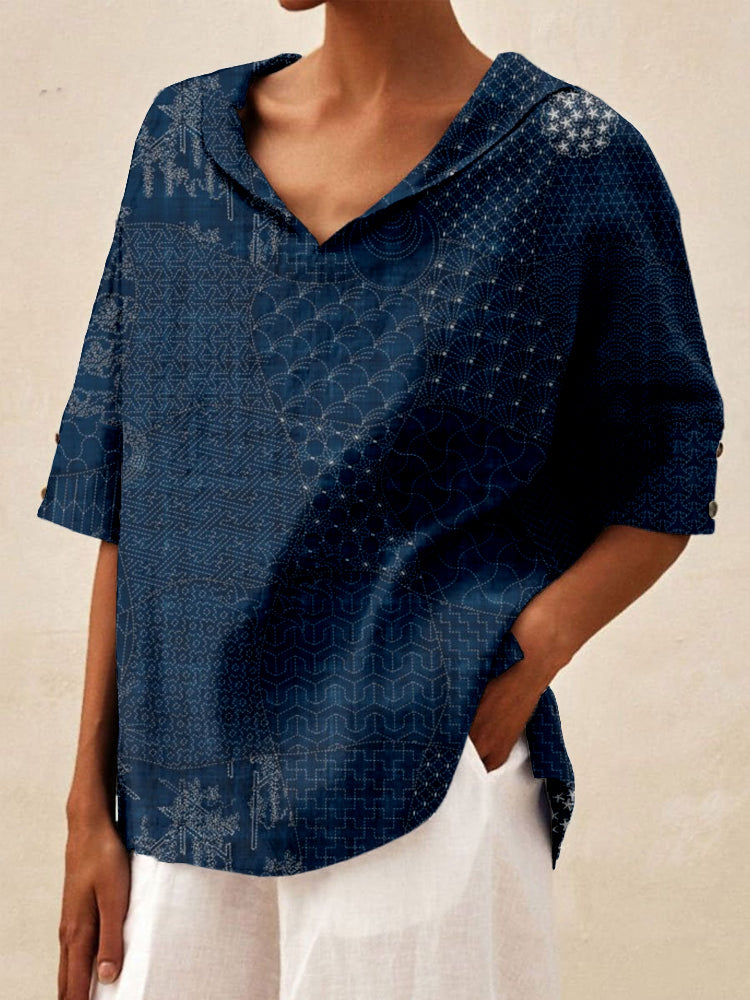 Comstylish Japanese Traditional Sashiko Art Linen Blend Cozy Shirt