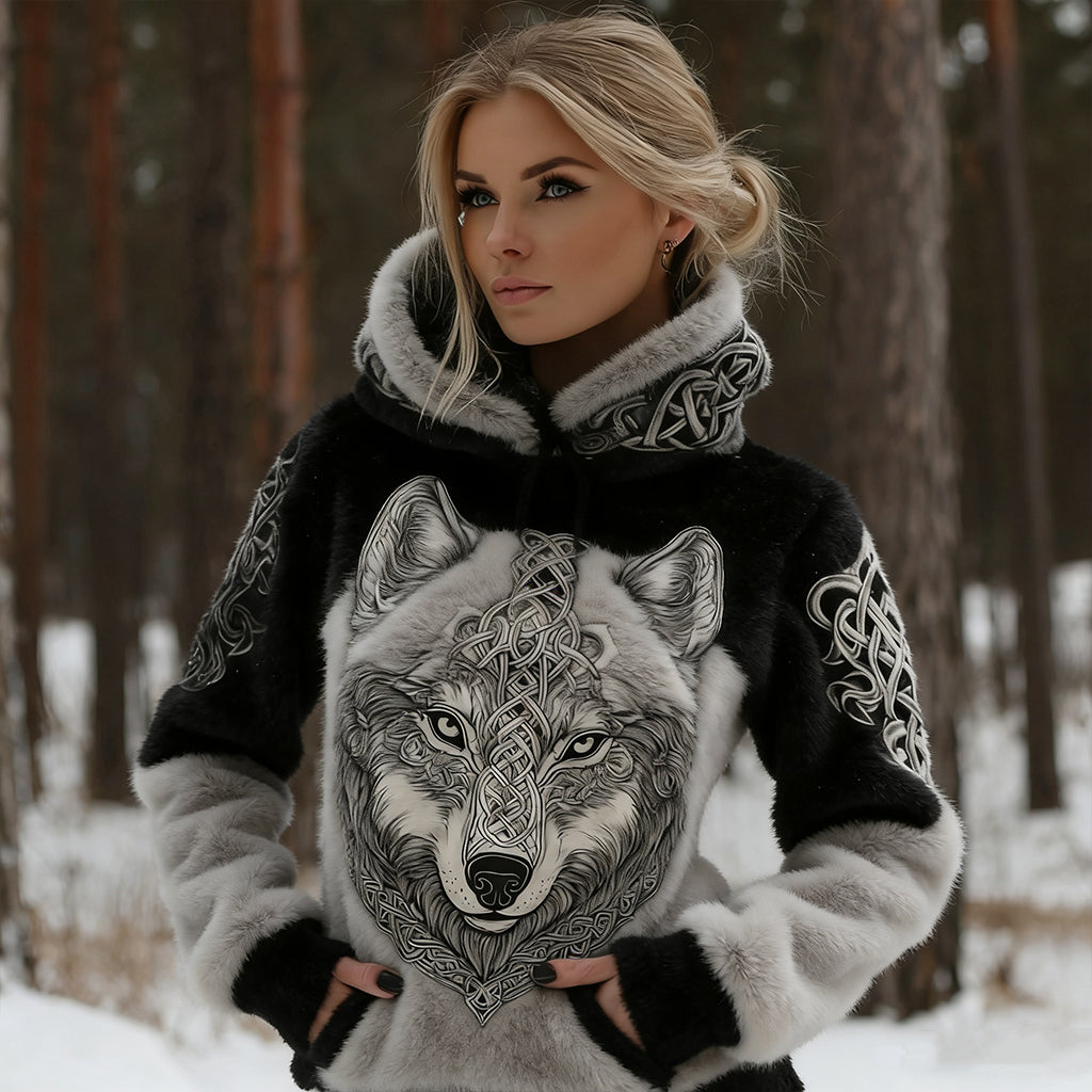 Comstylish Women's Retro Viking Wolf Art Plush Hooded Sweatshirt