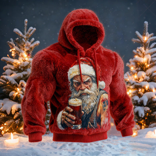 Comstylish Men's Viking Santa Claus Wine Glass Comfortable Plush Hoodie