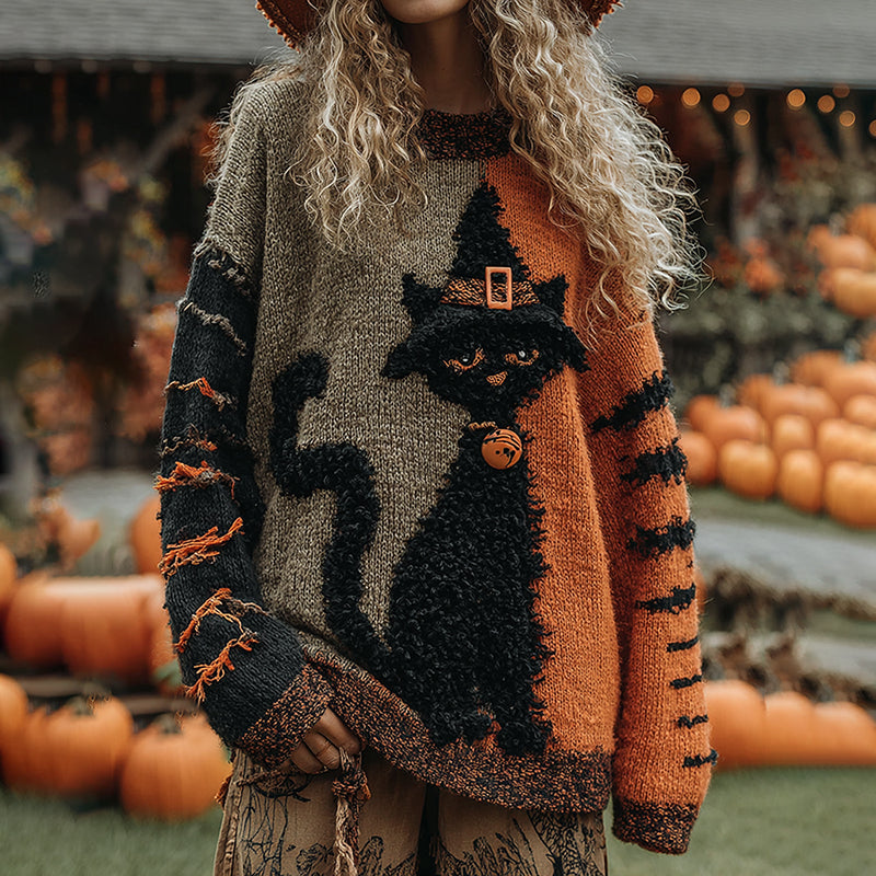 Halloween Cute Witch Cats Art Cozy Knit Sweater elevenforest