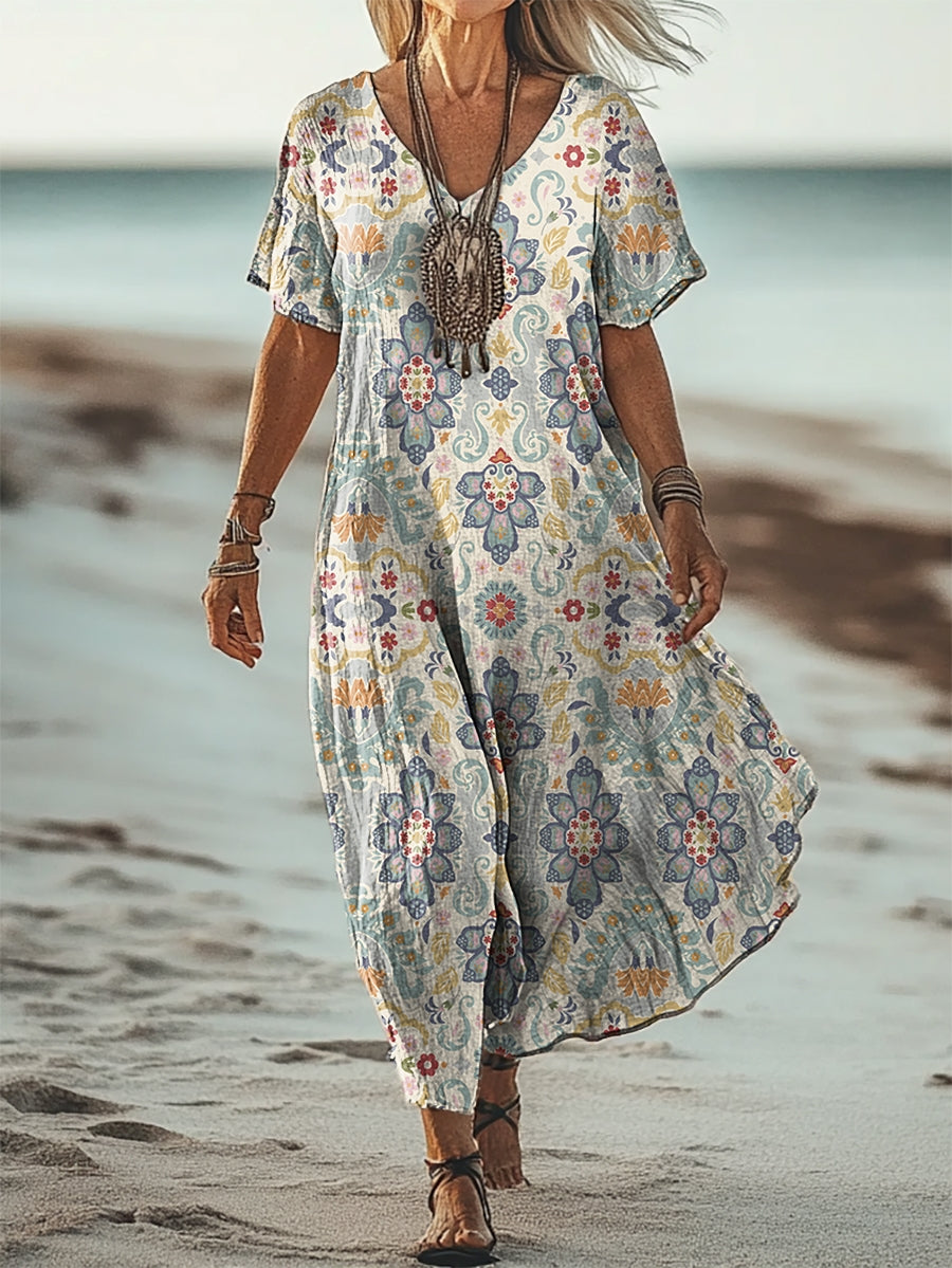 Women's Vintage Ethnic Floral Art Patterns Print Short Sleeve Pocket C