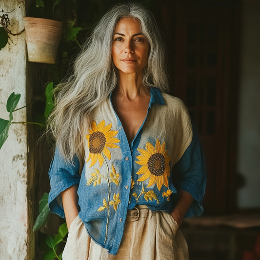 Bohemian Linen Floral Ukraine Sunflower Gradient Art Print  Long Sleeve Shirt artswardrobe