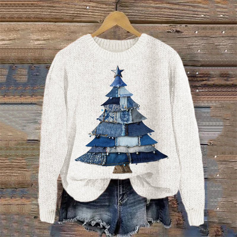 Christmas Denim Patchwork Art Cozy Knit Sweater artswardrobe