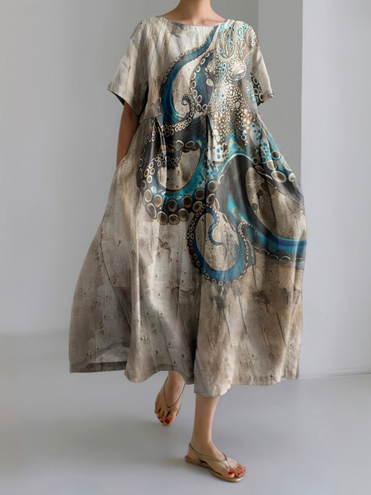 Vintage Octopus Art Print Short Sleeve Loose Midi Dress