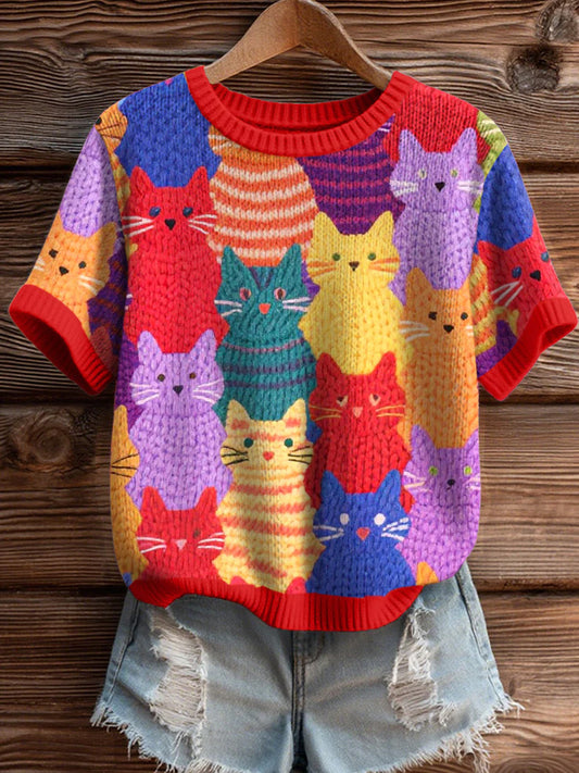 Comstylish Women's Colorful Cats Pattern Cozy Knit Top