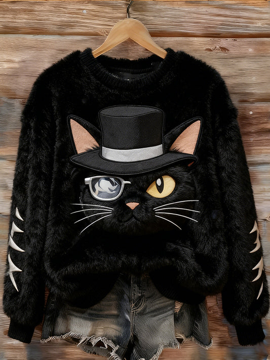 Comstylish Detective Kitty Soft Flannel Crew Neck Sweatshirt