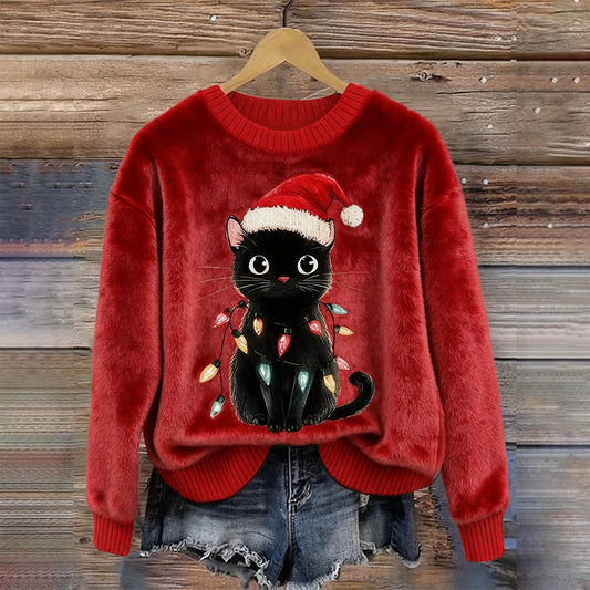 Cute Christmas Black Cat Vintage Plush Sweatshirt