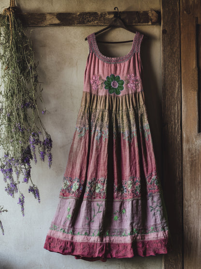 Vintage Bohemian Lavender Embroidery Patchwork Art Sleeveless  Cozy Linen Maxi Dress artswardrobe