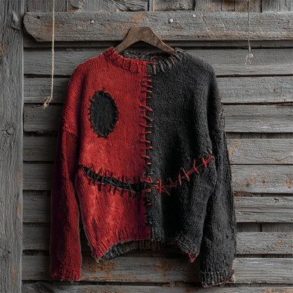 Halloween Spooky Face Contrast Stitched Cozy Knit Sweater elevenforest