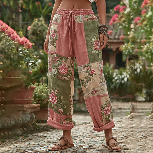 Vintage Retro Rose And Floral Patchwork Art Linen Pants artswardrobe