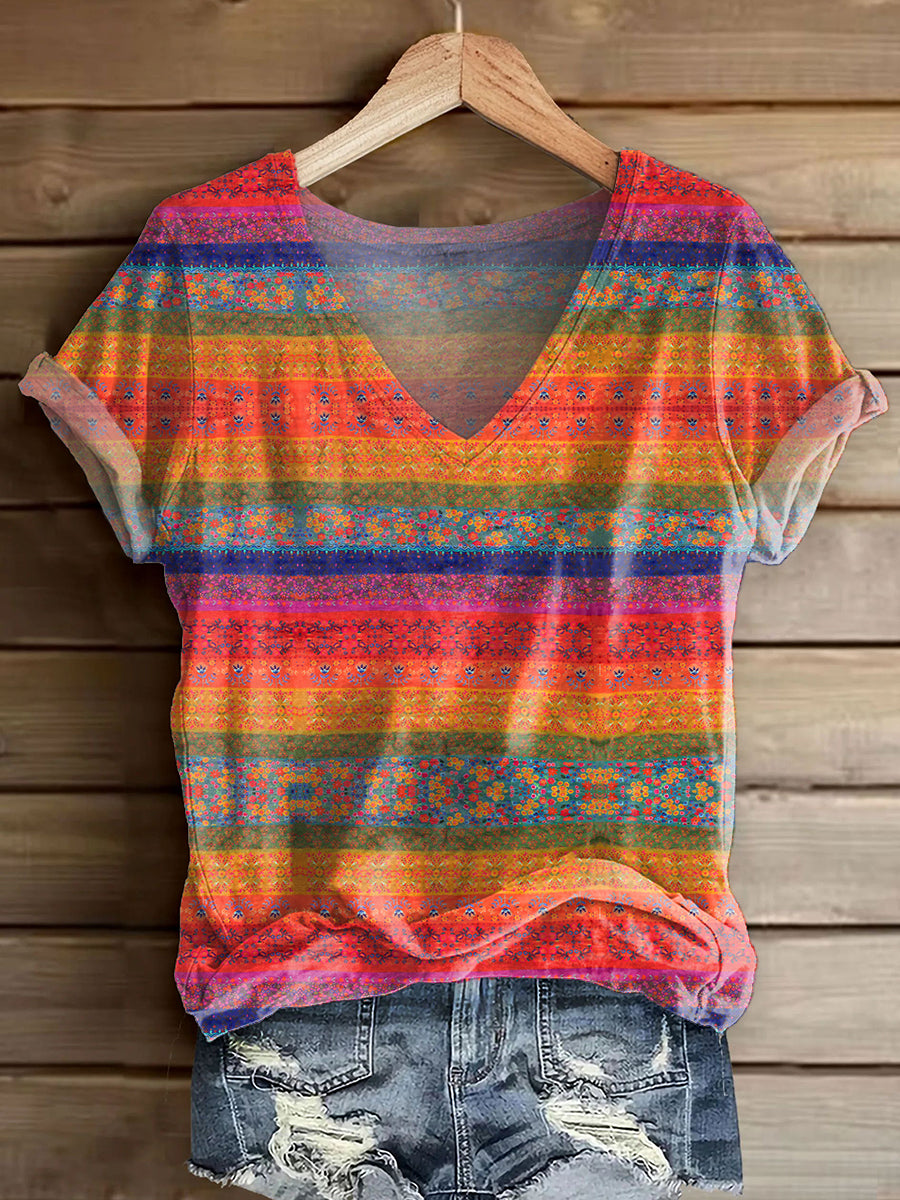Women's Vintage Floral Art Print V-neck Casual T-Shirt