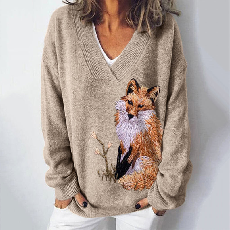 Fox Embroidery Art Print V-Neck Cozy Knit Sweater artswardrobe