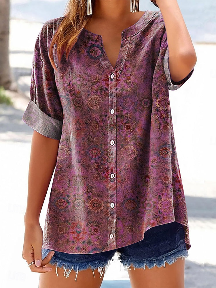 Women's Vintage Ethnic Floral Art Print Casual Cotton And Linen Shirt