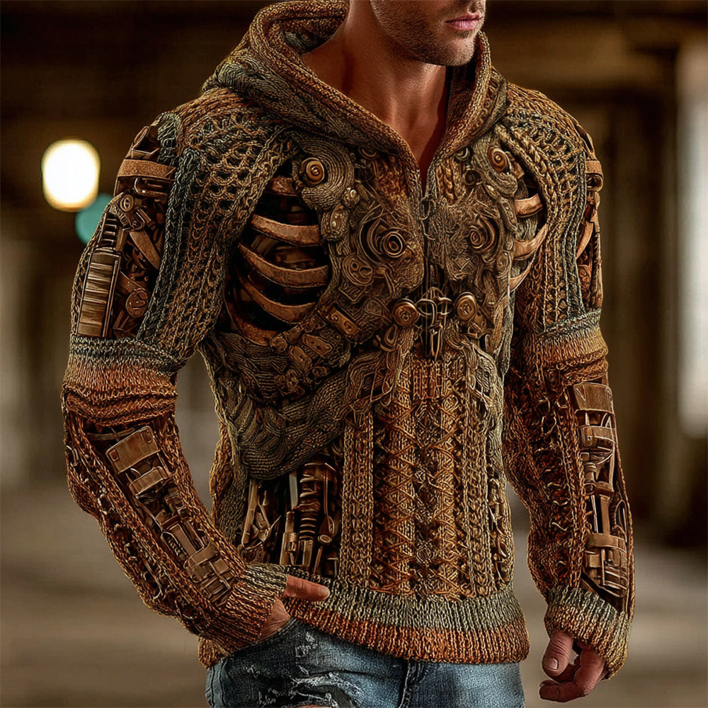 Halloween 3d Retro Mechanical-style Men's Hooded Knit Sweater artswardrobe
