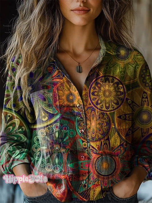 Women's Retro Ethnic Totem Pattern Print Casual Long Sleeve Comfortabl