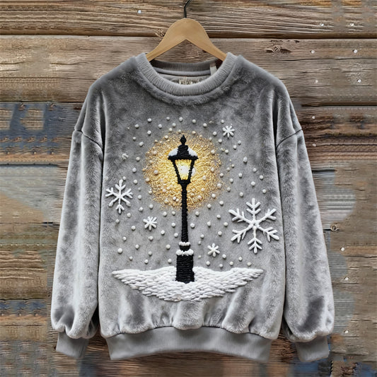 Christmas Snowflakes & Street Light Embroidered Fuzzy Plush Sweatshirt