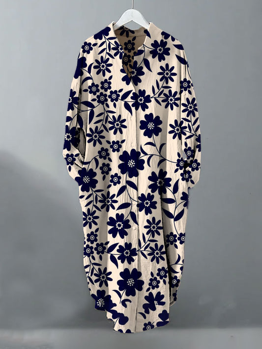 Retro Flower Print Casual Long Sleeve Shirt Dress