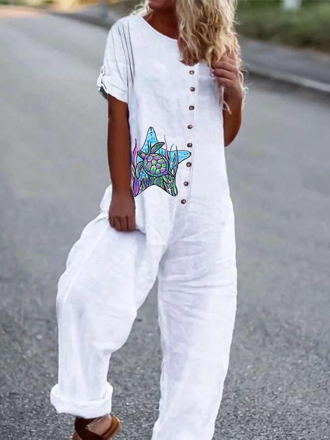 Women's Fashion Short Sleeve Loose Wide Leg Button Jumpsuit