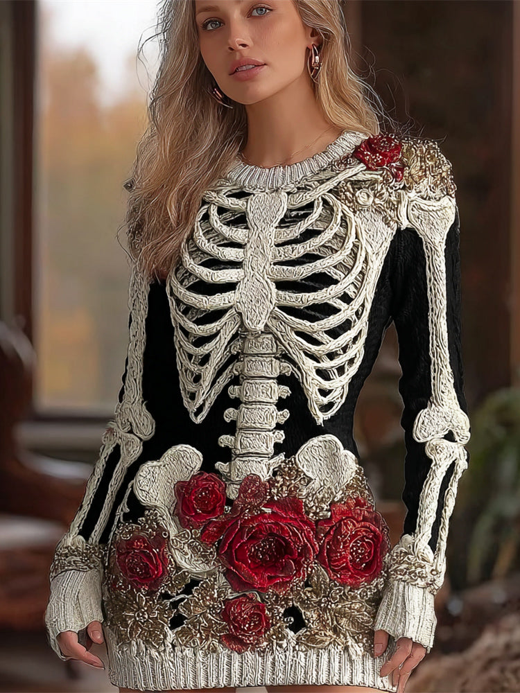 Comstylish Halloween Skeleton & Rose Art Women's Crew Neck Knit Mini Dress