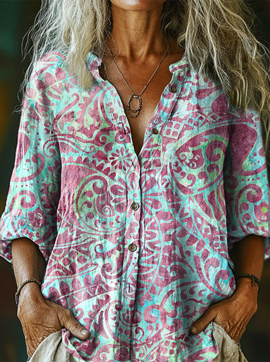 Women's Art Floral Hippie Vintage Print Long Sleeve Shirt