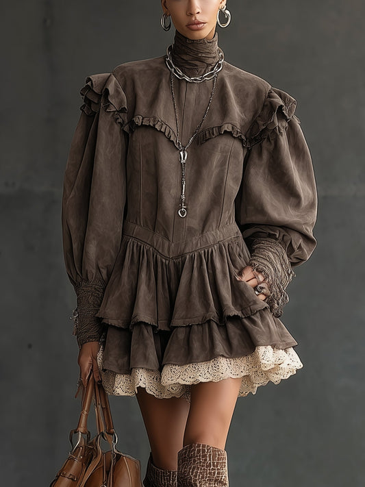 Vintage Brown Faux Suede Ruffled Lace Hem Long Sleeve Mini Dress